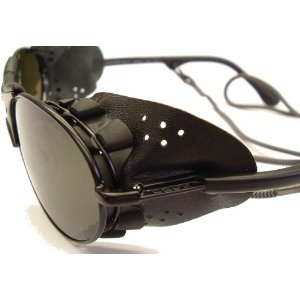 Shades with leather side pieces for blocking sun.