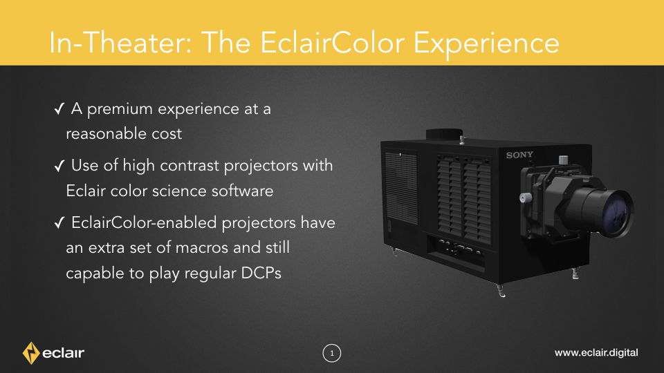 An informational slide detailing the features of EclairColor as shown during IBC 2016.